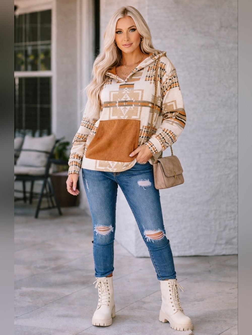 Western Aztec Hoodie Pullover Camel Pocket Boho Chic Size M